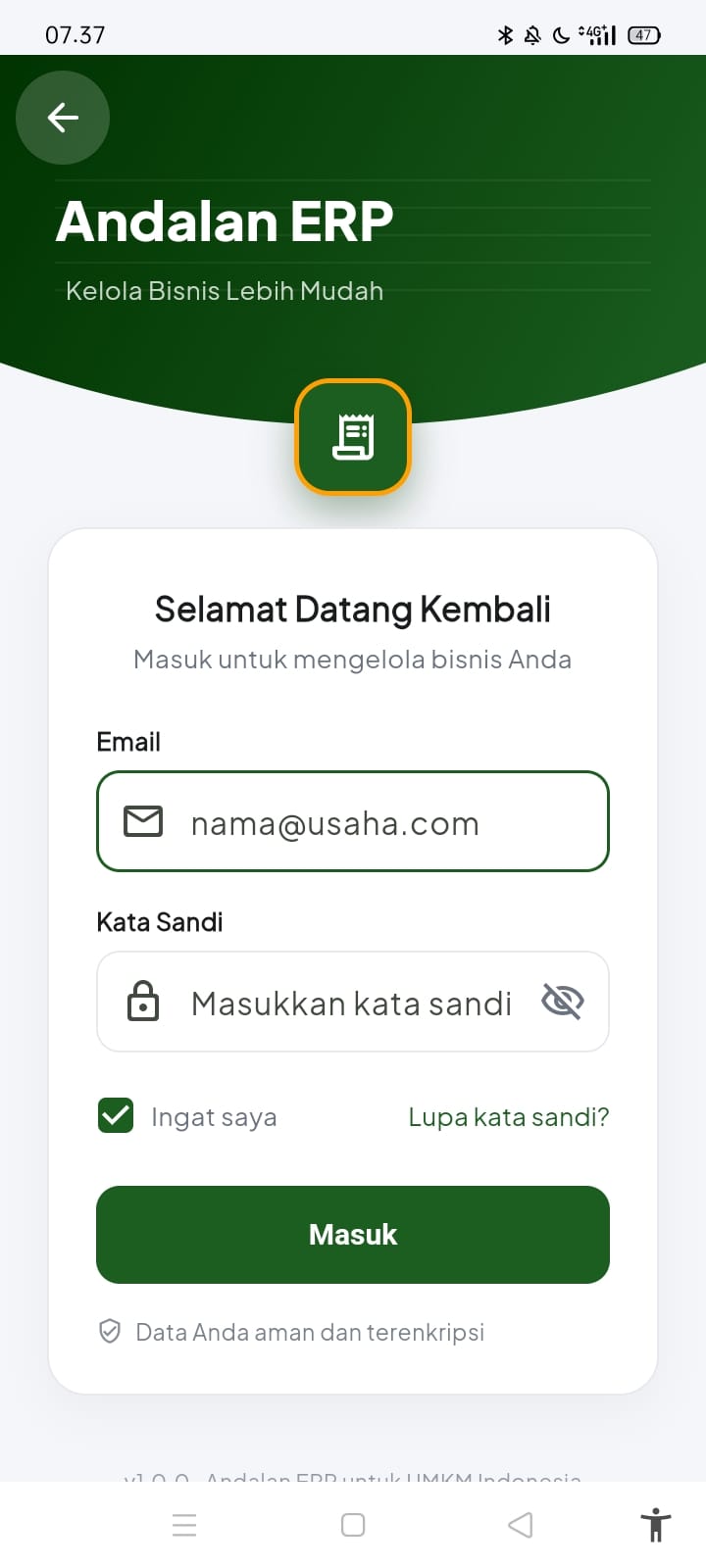 Halaman login Andalan ERP
