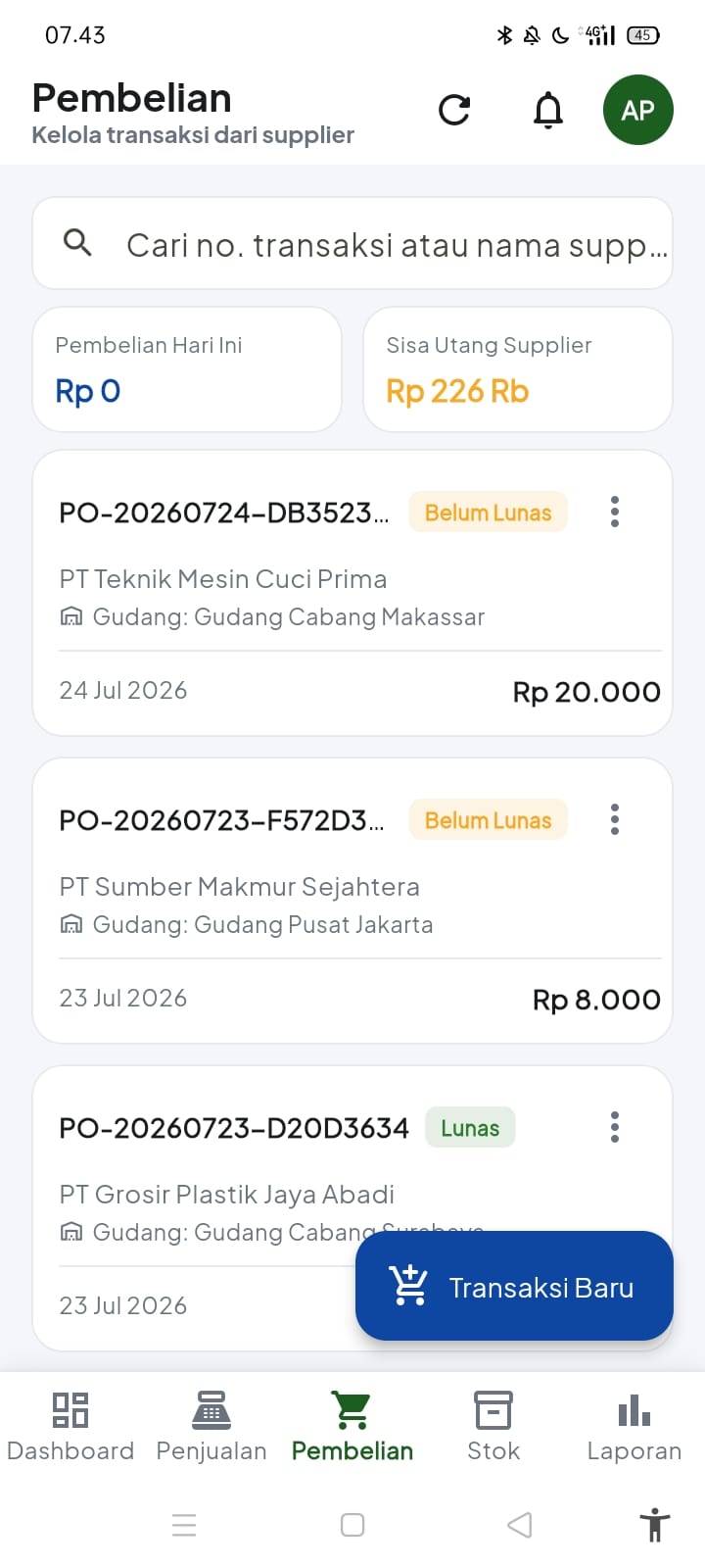 Kelola transaksi pembelian di Andalan ERP