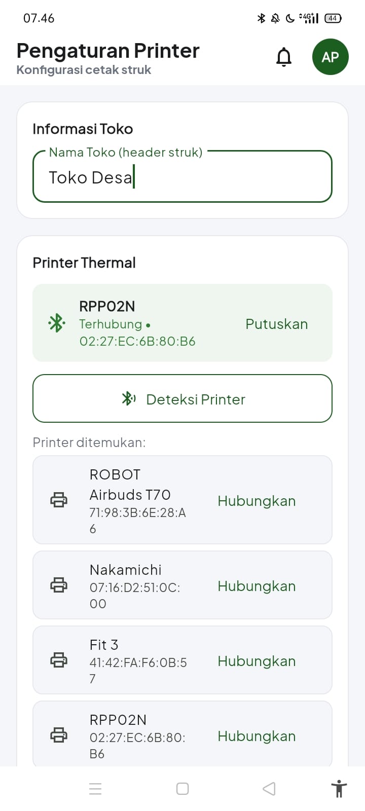 Pengaturan printer thermal Bluetooth Andalan ERP
